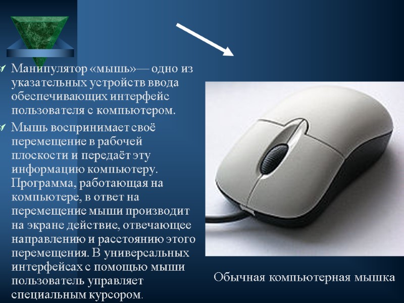 Манипулятор «мышь»— одно из указательных устройств ввода обеспечивающих интерфейс пользователя с компьютером. Мышь воспринимает